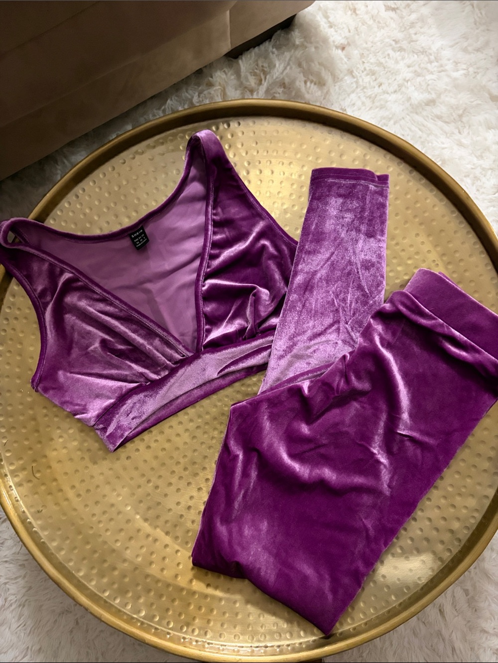 SHEIN Purple Velvet Bralette and Leggings Set